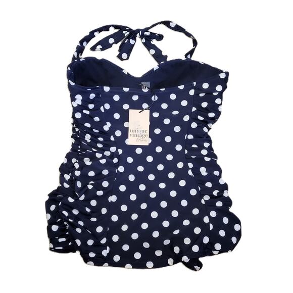 Unique Vintage Navy & White Polka Dot Corinne Halter Sheath Swimsuit 1X NWT - Picture 3 of 13